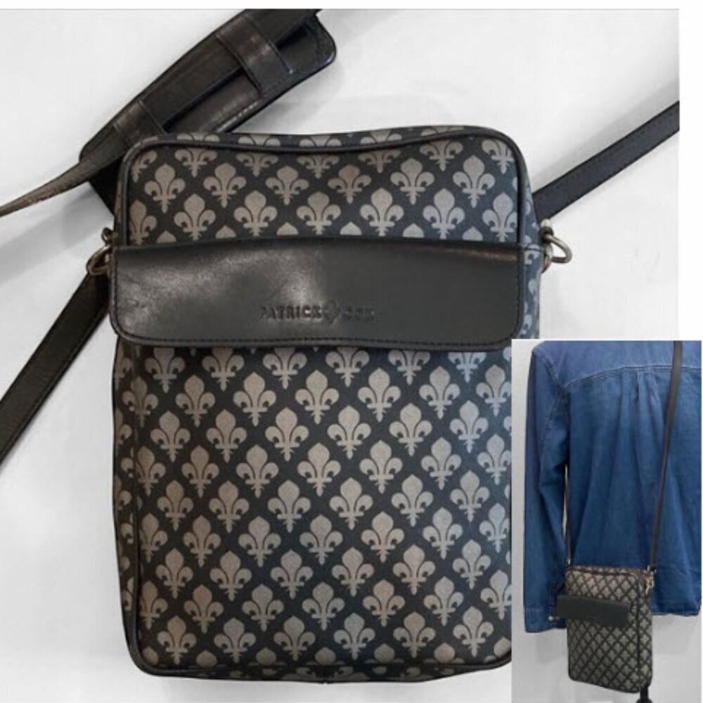 Patrick Cox Black and Gray Fleur De Lis Messenger Bag UNISEX